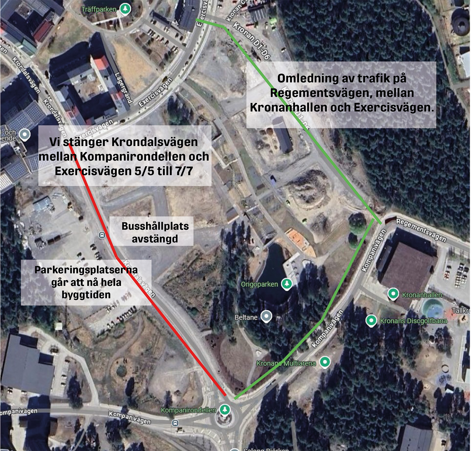 Här ses avstängning i rött och omledningsväg i grönt.