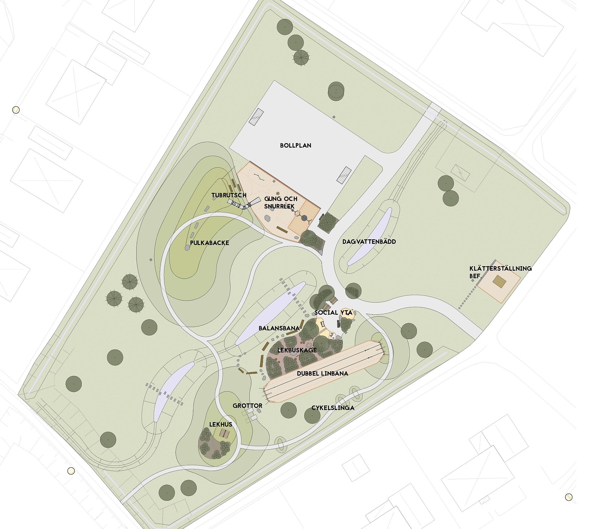 Gungor till vänster och en liten karusell till höger. Bord och bänkar i förgrunden