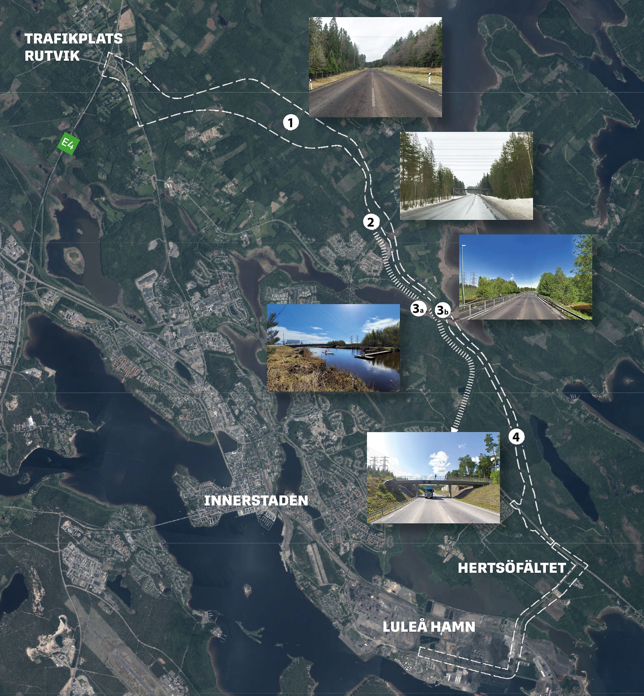 Karta över Norrledens tänkta dragning med visionsbilder för hur det kan komma att se ut. 