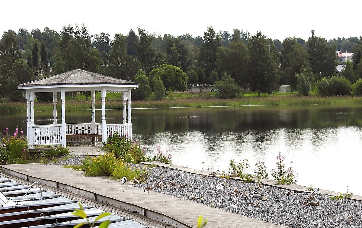 Ett lusthus ute på en brygga med många måsfåglar längs bryggan